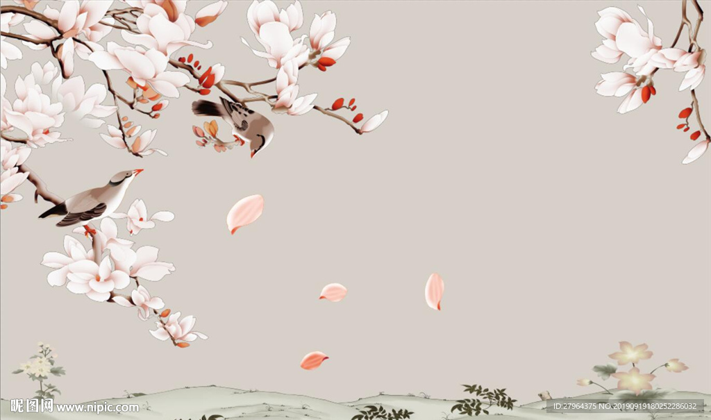 手绘玉兰花鸟新中式电视背景墙