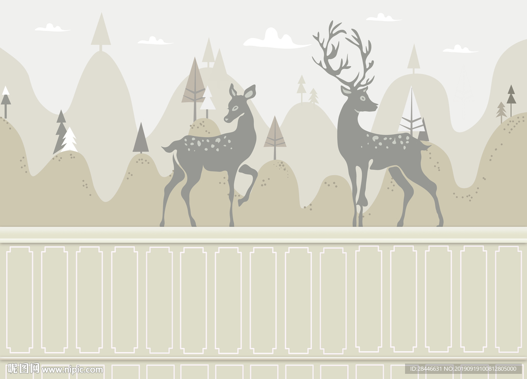 北欧卡通手绘儿童房背景墙