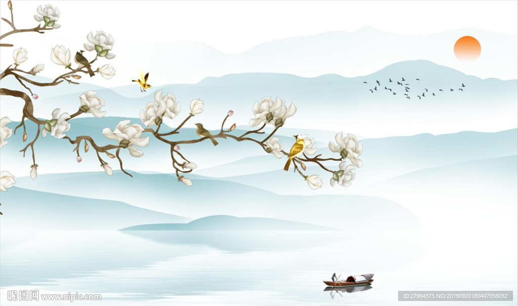 中式山水花鸟客厅电视背景墙