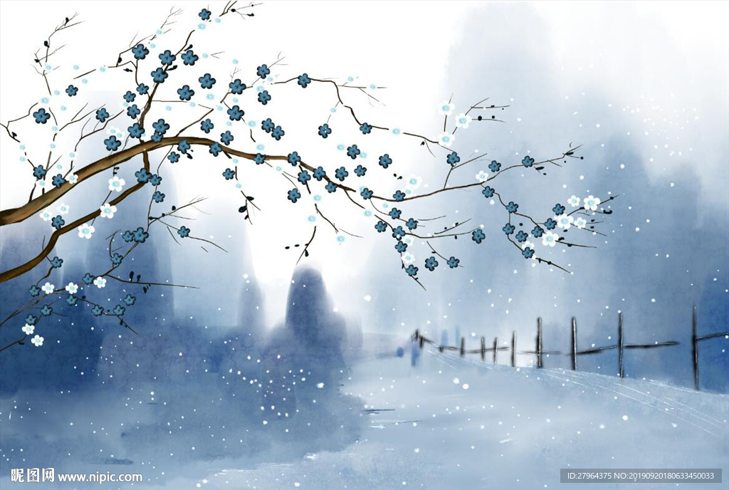 新中式手绘梅花雪景背景墙