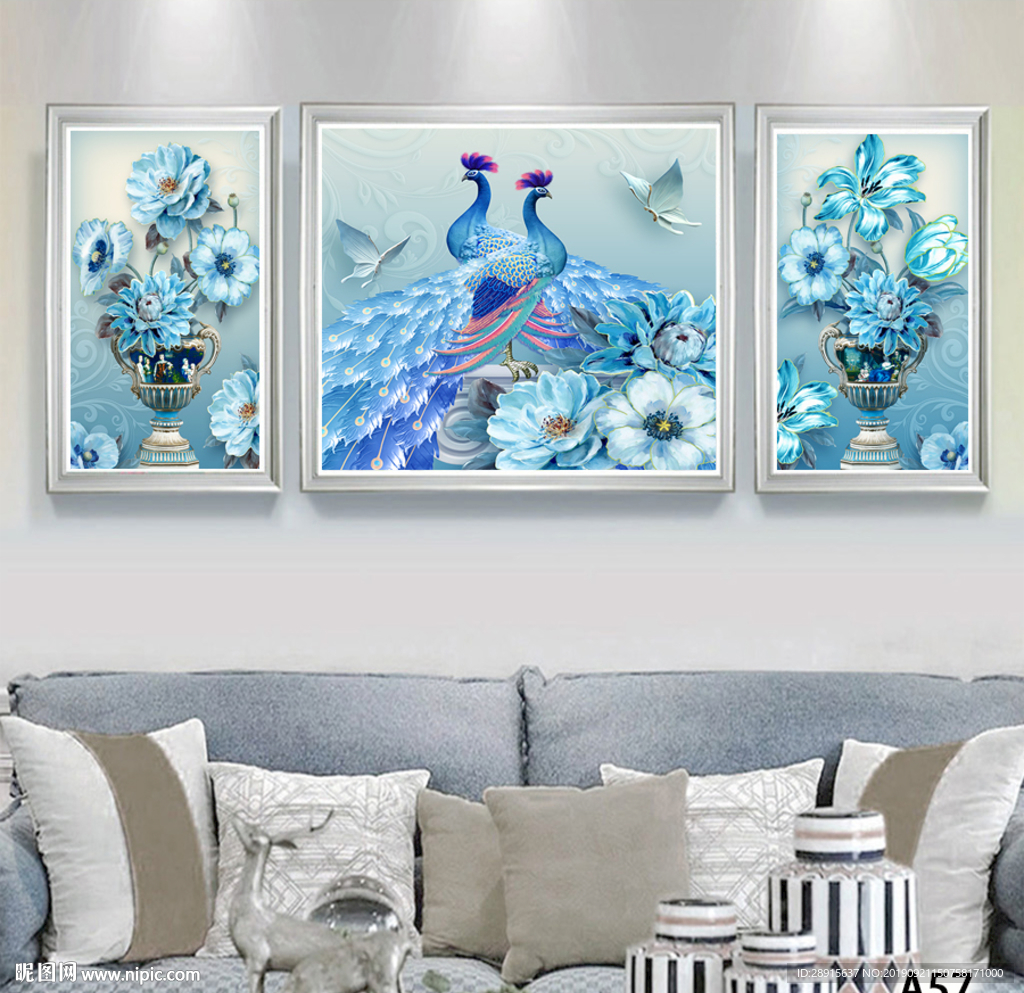 三联画 浮雕 孔雀 蓝色