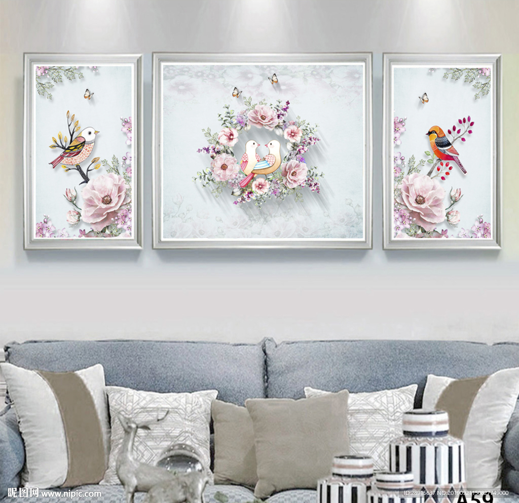 三联画 水彩 花鸟