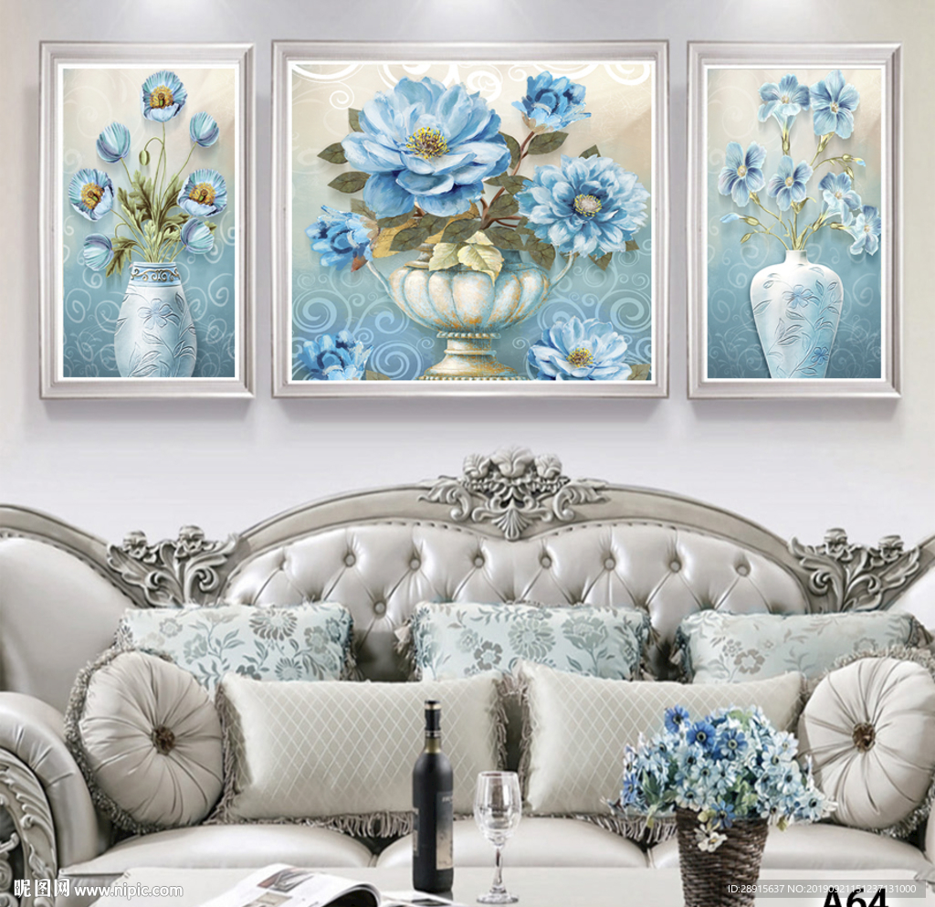 三联画 花瓶 油画 蓝花