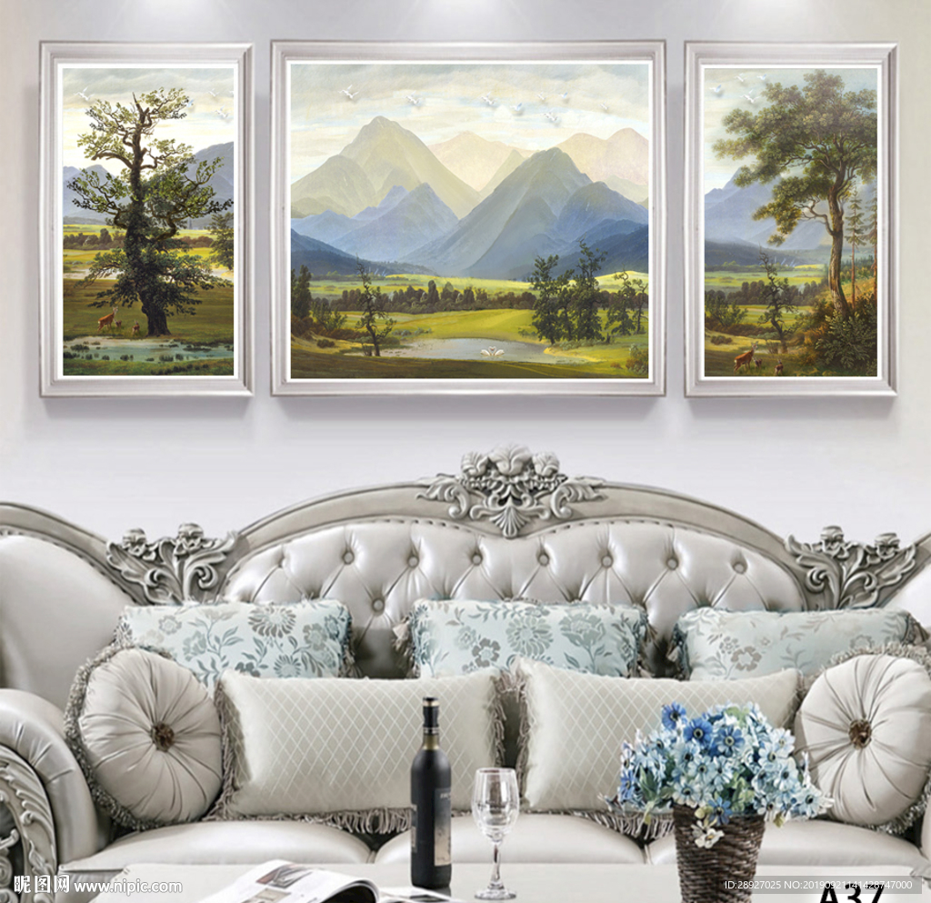 三联画 山水风景 田园风情