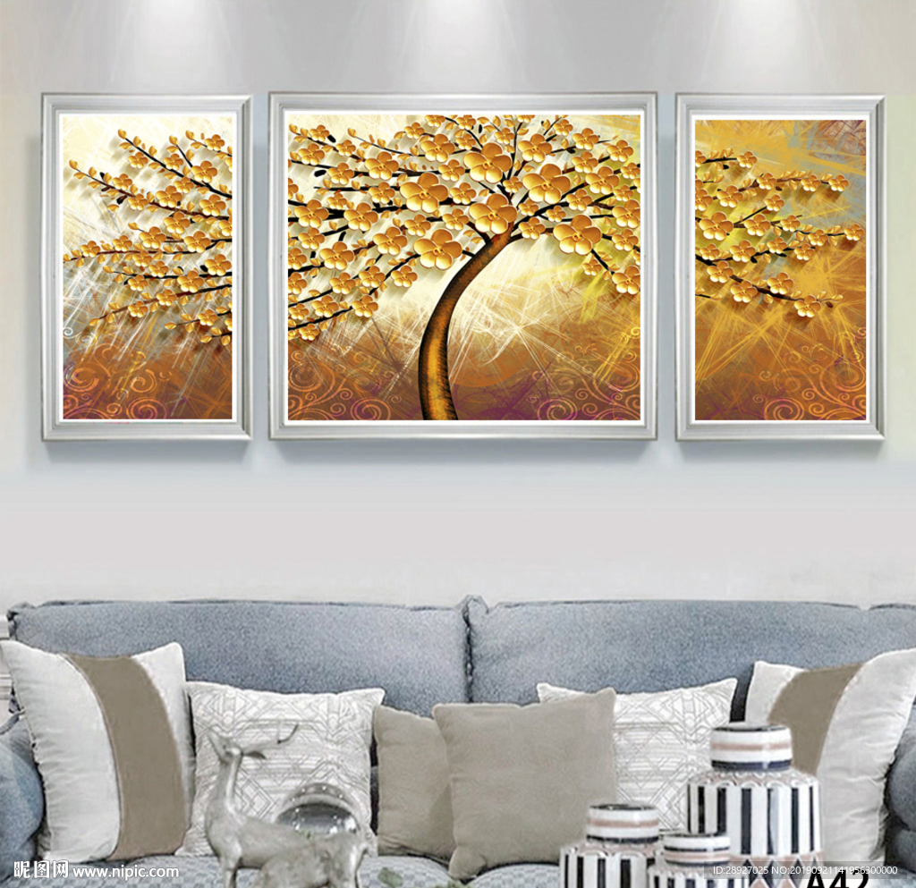 三联画 油画 黄金树