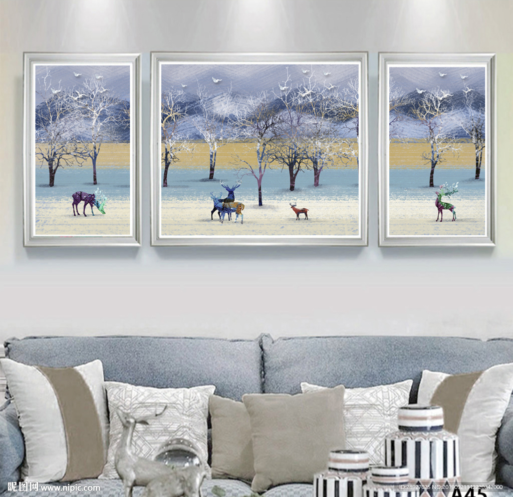 三联画  冬日苍白如雪 麋鹿