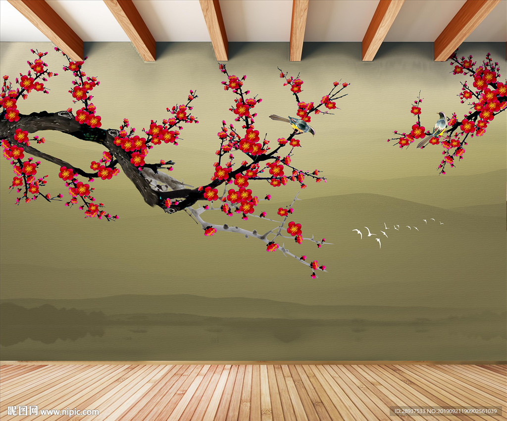 原创手绘梅花喜鹊装饰画背景墙