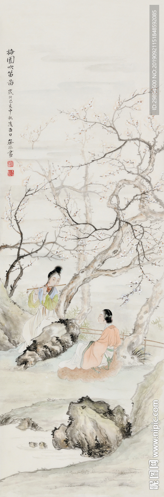 美人图国画工笔画吹笛子