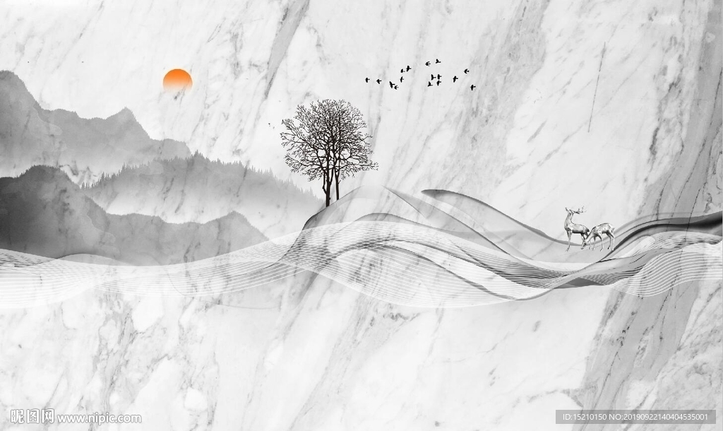 大理石抽象树电视背景墙