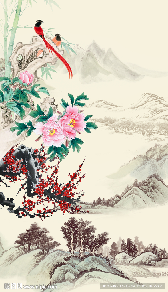 室内玄关背景  花鸟