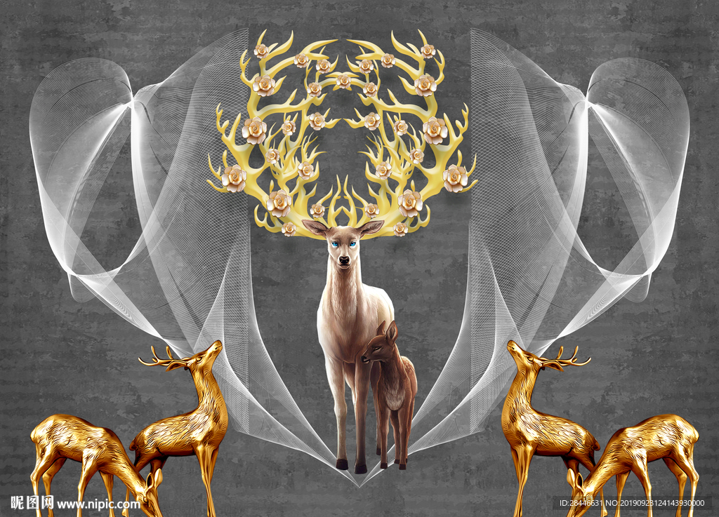 北欧麋鹿手绘背景墙装饰画