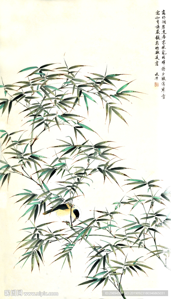 竹水墨画彩色花鸟装饰画