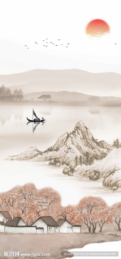 新中式抽象水墨山水意境玄关背景