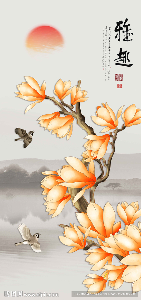新中式手绘玉兰花鸟玄关背景墙