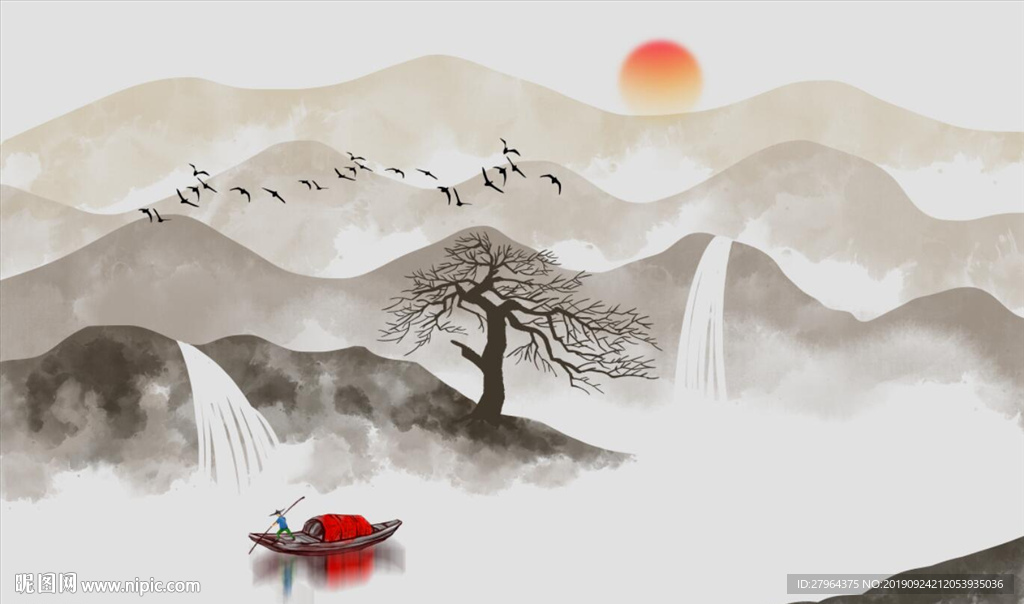 新中式抽象水墨山水画背景墙