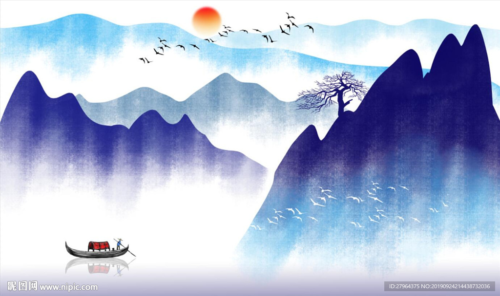 新中式蓝色抽象水墨山水画背景墙