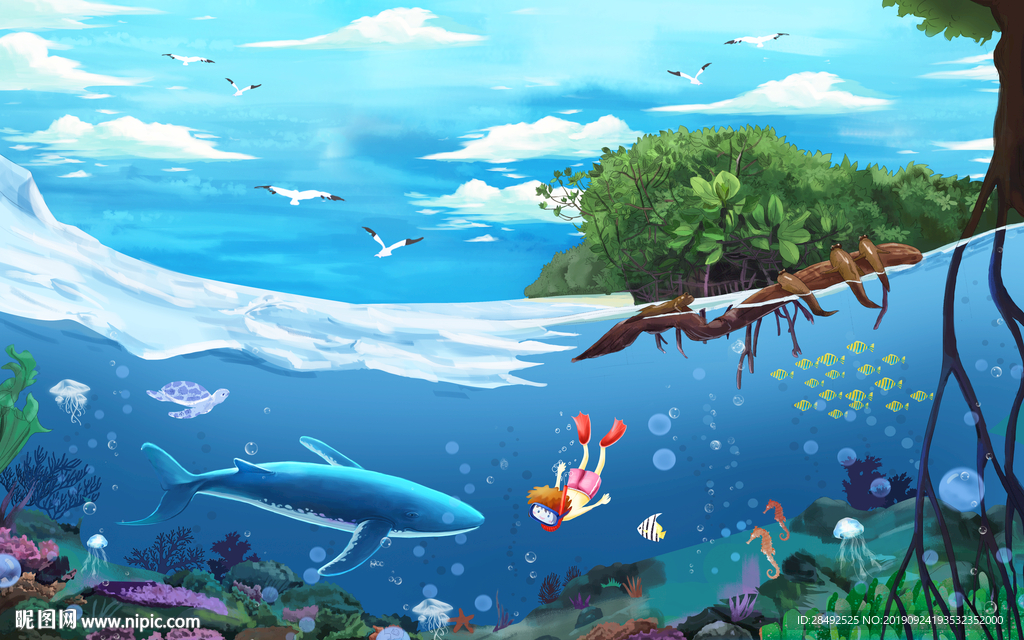 手绘卡通鲸鱼海底世背景墙1