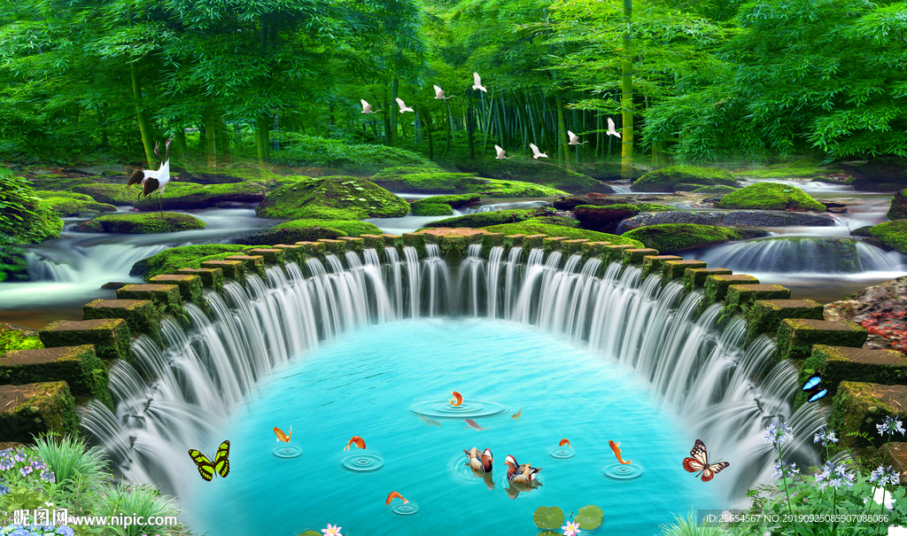 流水生财风景画3D电视背景墙