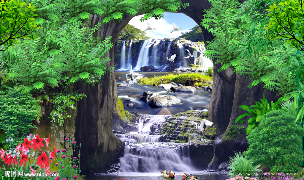 3d山水流水生财背景墙