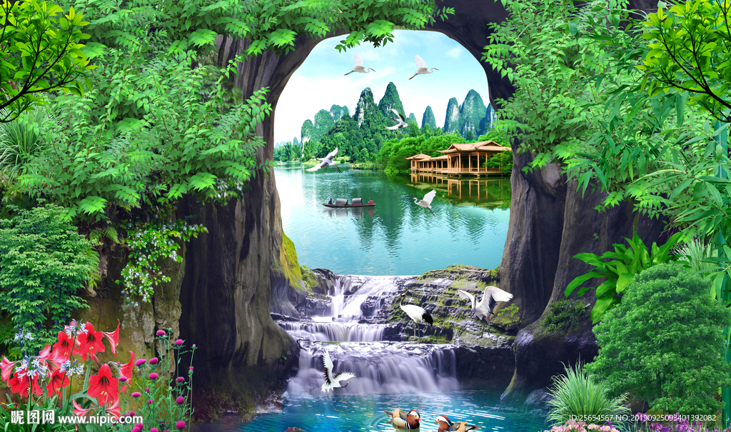 3D风景瀑布背景墙