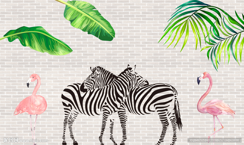 小清新绿色植物斑马火烈鸟背景墙