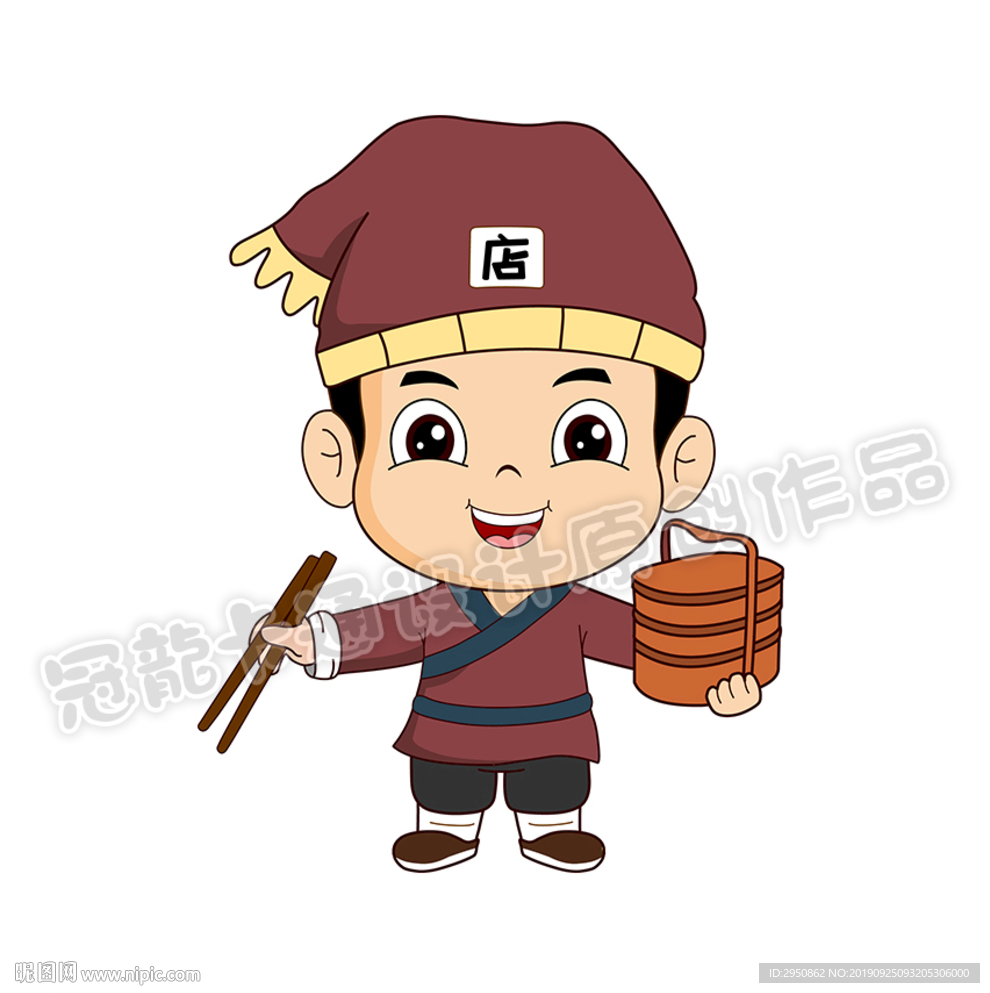 卡通店小二拿筷子矢量插图