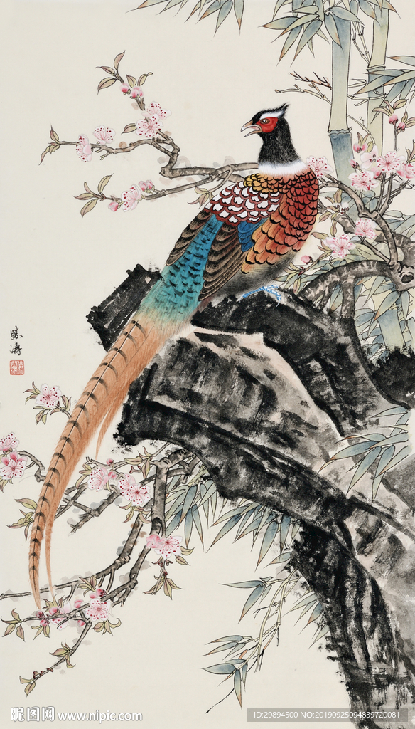 锦鸡竹子古典水墨装饰画无框画玄