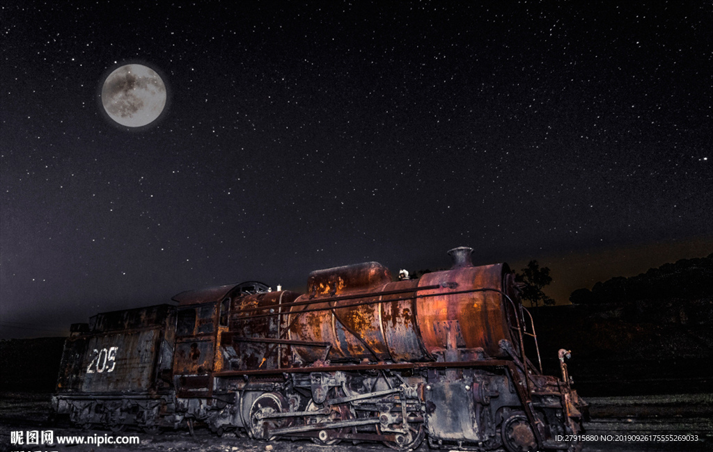 复古夜景火车月亮背景墙