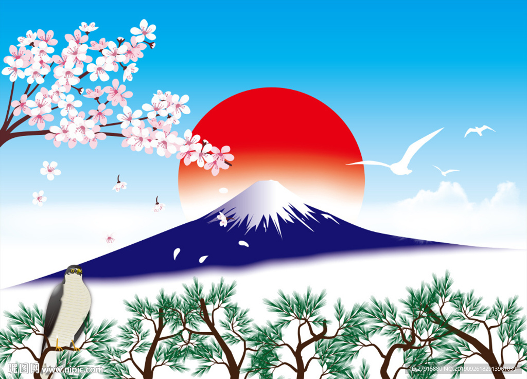 高清矢量日式樱花富士山装饰画