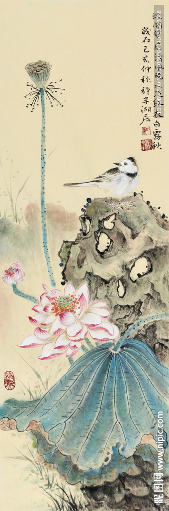 荷花花鸟假山装饰画