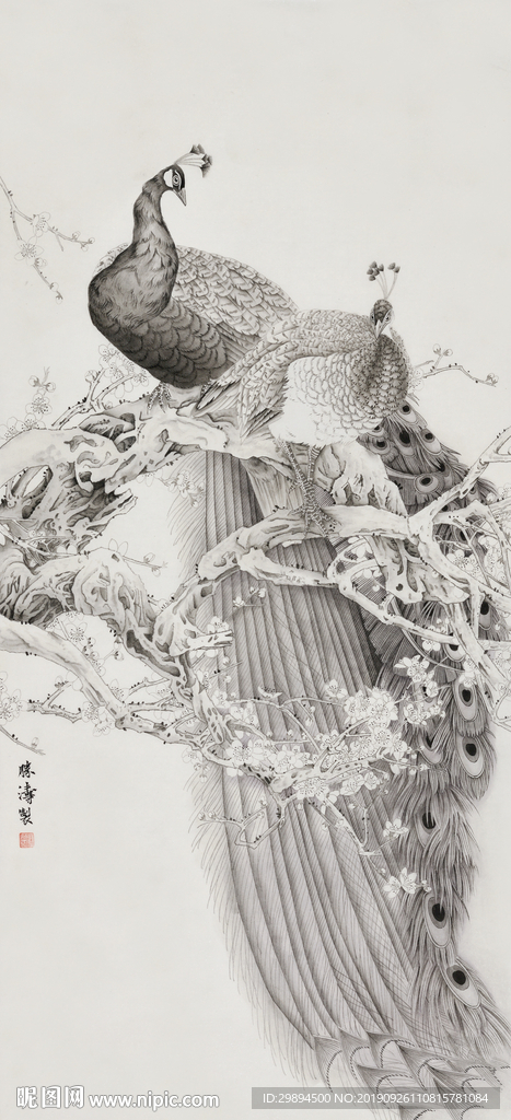 孔雀装饰画工笔画玄关无框画