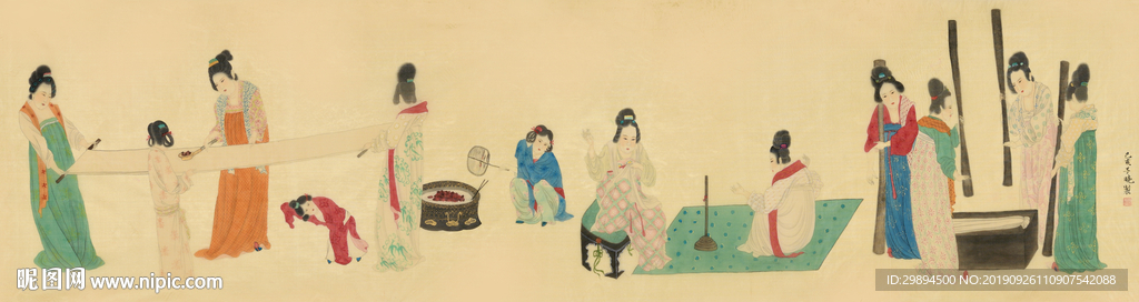 织布操作图装饰画水墨画彩色国画