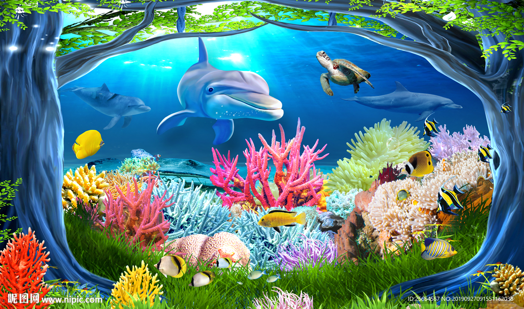 3D海底世界海豚电视背景墙