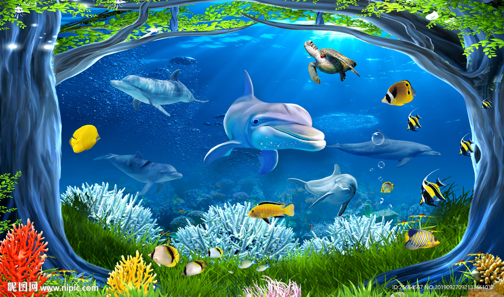3D海底世界海豚电视背景墙