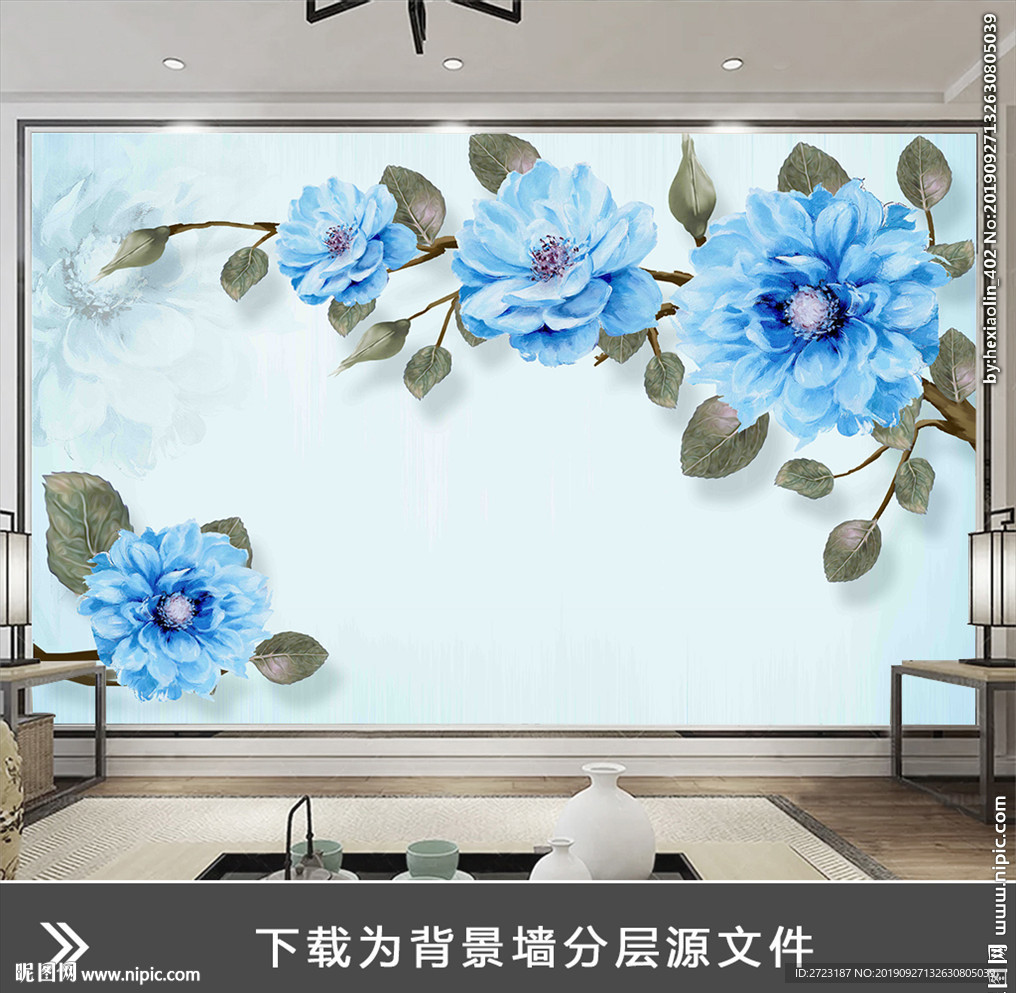 蓝色清新花枝电视背景墙壁画