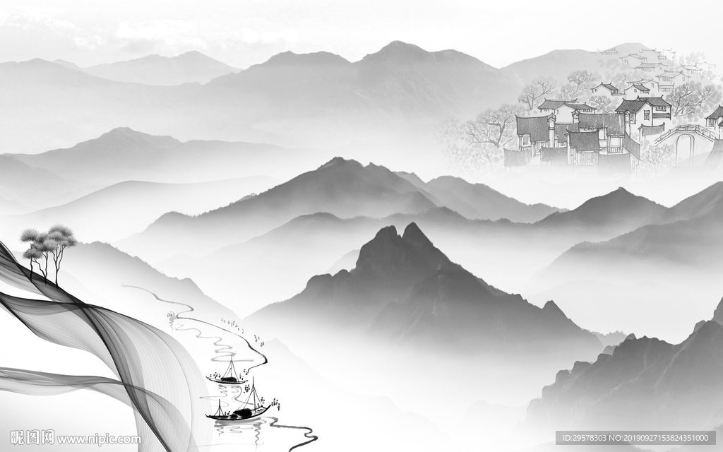 中式国画山水 TIF分层