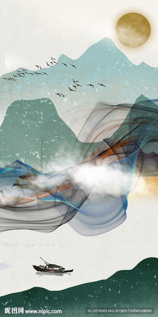 手绘 山水新玄关画 TIF分层