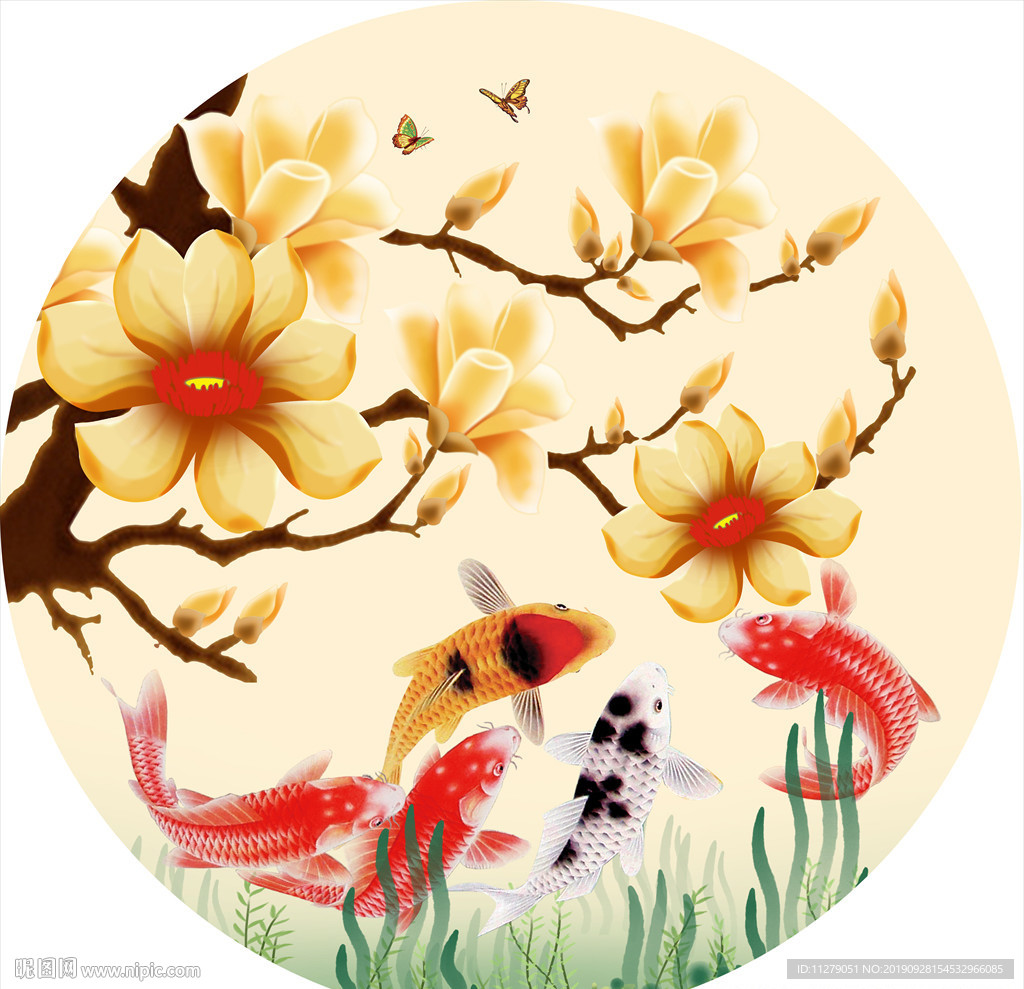 玉兰花九鱼图花鸟装饰画