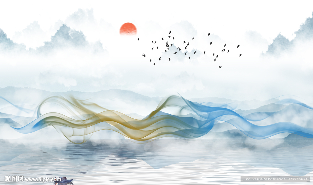 新中式山水抽象线条背景墙