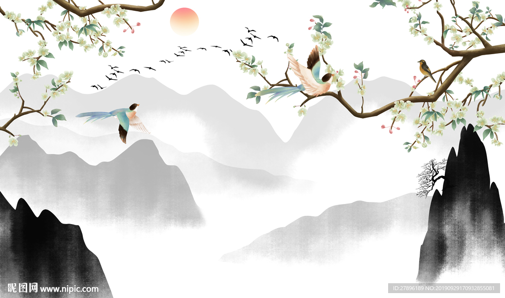 工笔花鸟背景墙