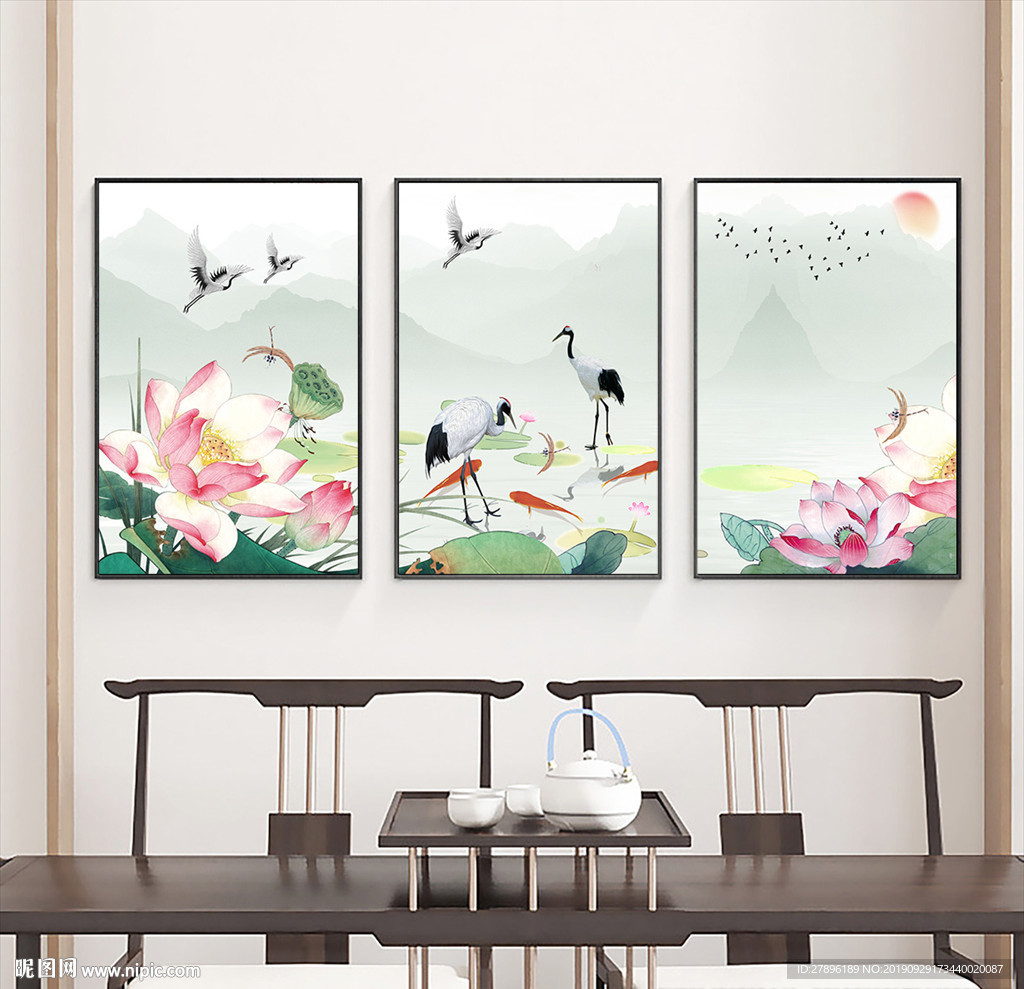 素雅荷花三联画