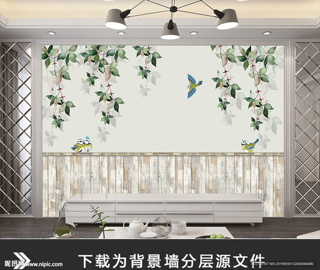 个性造型竖条浪漫花艺花藤壁画