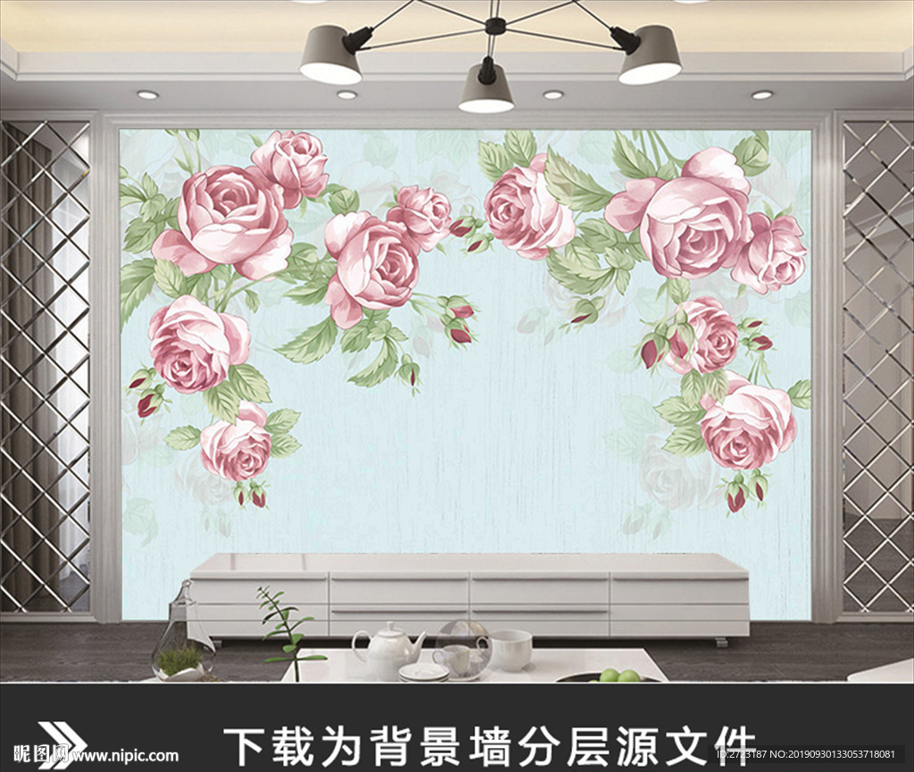 绘画玫瑰花粉色花朵枝叶壁画背景