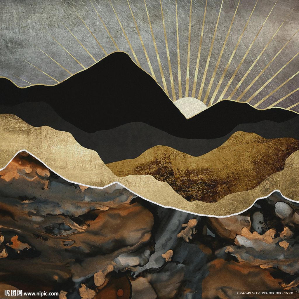 北欧现代抽象风景装饰画金色山峰