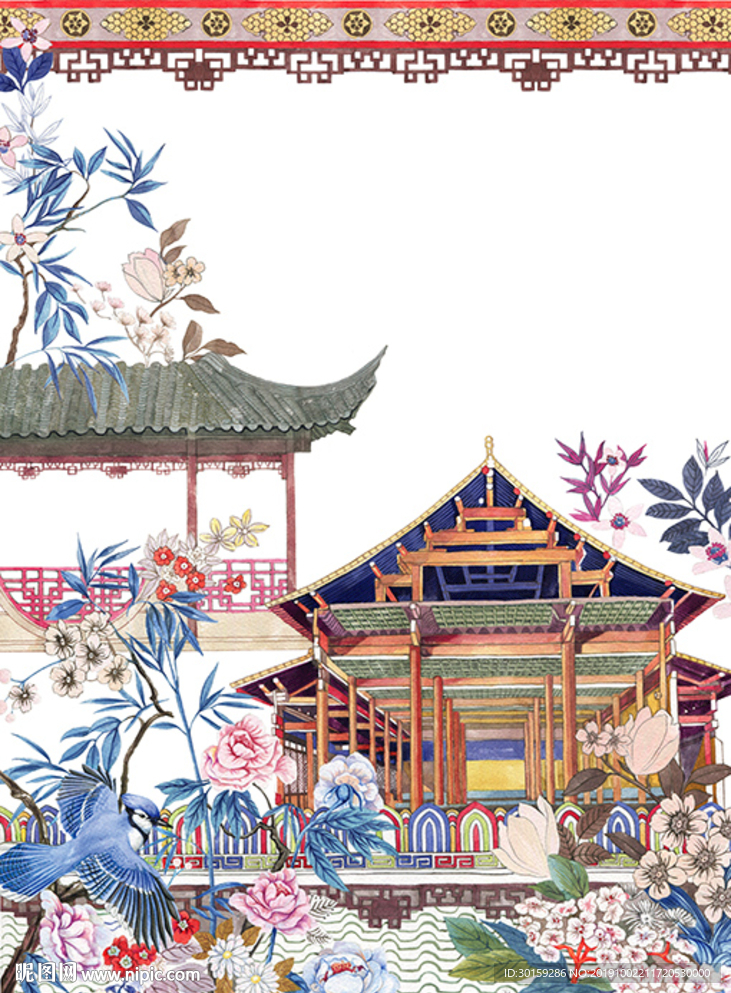 中式彩色手绘建筑