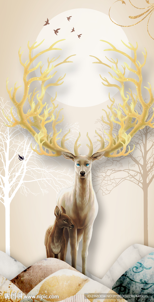 新中式晶瓷麋鹿装饰画