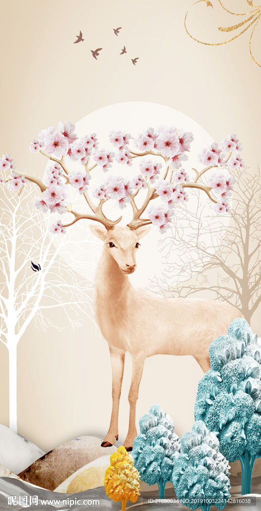 麋鹿森林装饰画
