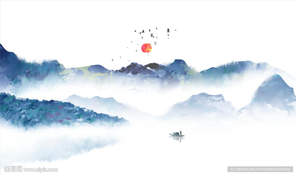 新中式水墨创意抽象山水背景墙