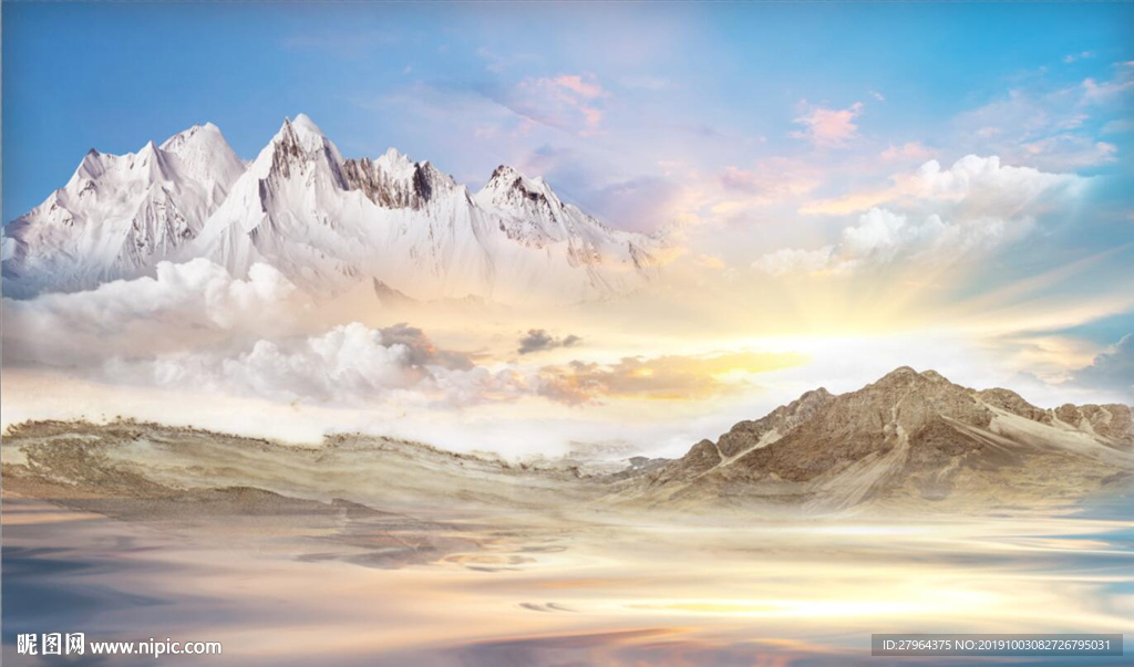 大理石纹蔚蓝天际山水日出背景墙