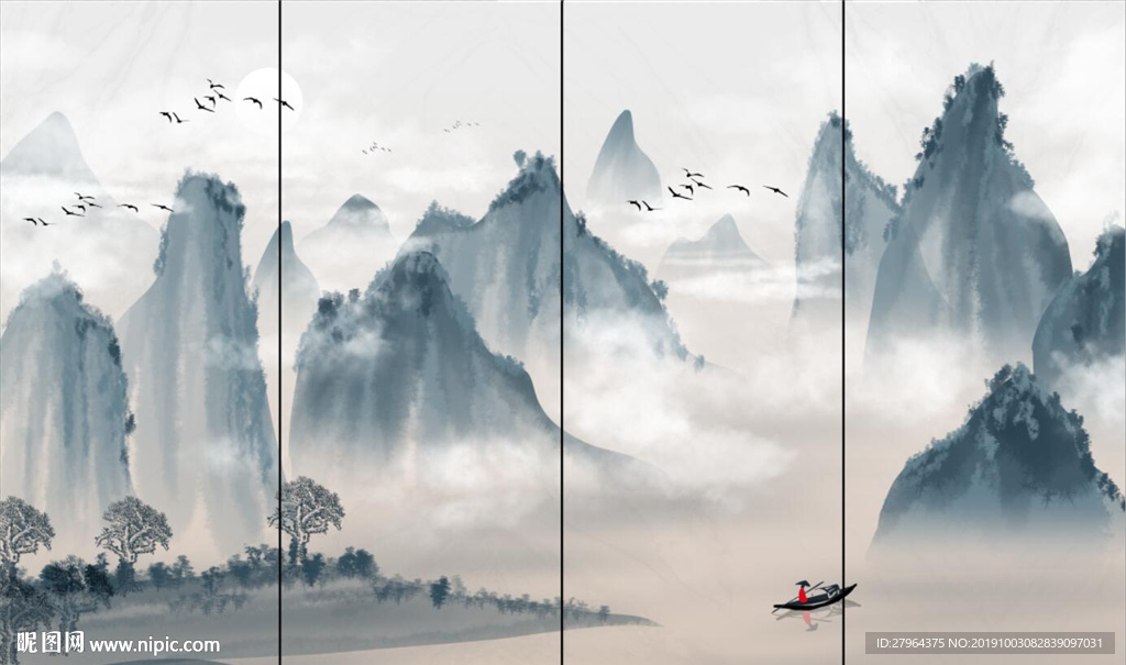 中国风手绘山水水墨意境背景墙